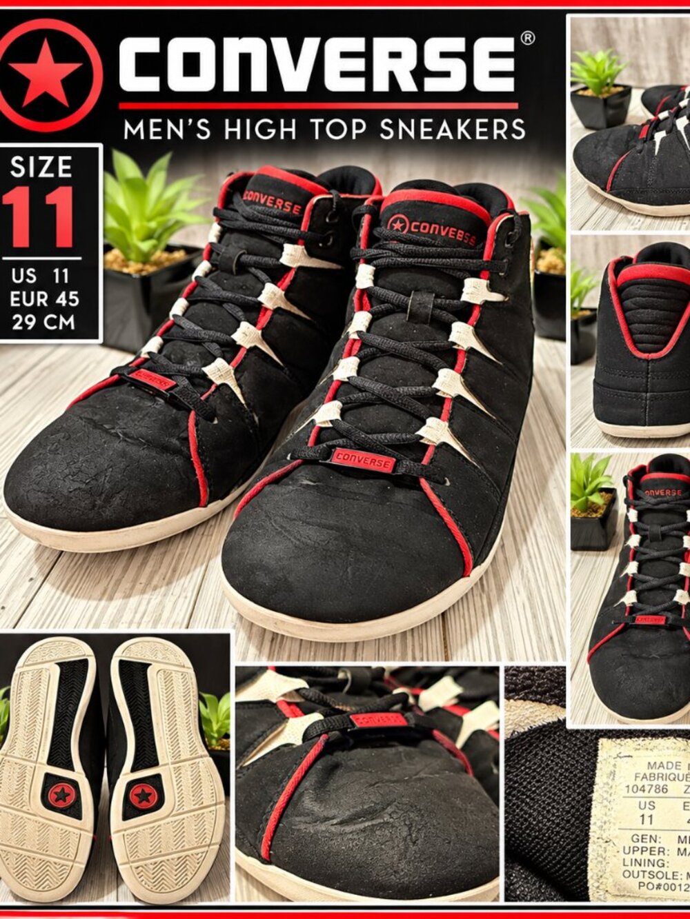 Converse Mens Size 11 Black Red High Top Sneakers Star Logo Casual Shoes